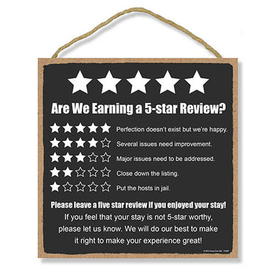 Are We Earning a 5-Star Review?, 10 inch by 10 inch, Wooden Vacation Rental Sign, Vacation Home Decor, Rental Friendly Decor, Business Sign, Rating Sign, 754405