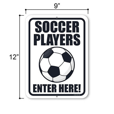 Soccer Players Enter Here, 9 inch by 12 inch, Metal Sign Post, Wall Hanging Sign, Soccer Decor, Door Signs for Home, Soccer Gift, Sports Room Decor for Boys