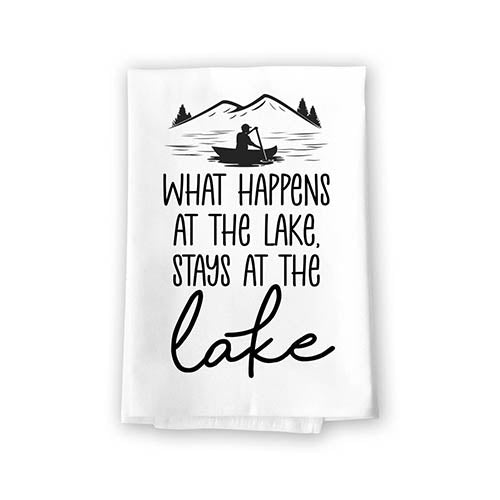 What Happens in The Lake Stays in The Lake, Flour Sack Towel, 27 Inch by 27 Inch, 100% Cotton, Home Decor, Dish Towel for Kitchen, Tea Towels, Absorbent Coffee Towels, Hiking Gifts