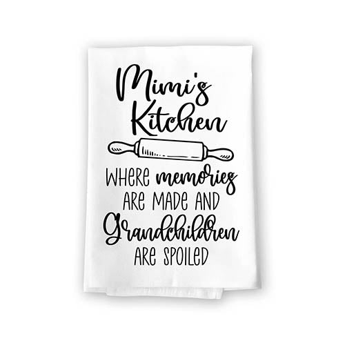 Mimi's Kitchen Where Memories are Made and Grandchildren are Spoiled, Flour Sack Dish Towels, 27 inch by 27 inch, 100% Cotton, Mimi Gifts, Grandma Funny Gifts, Mimi Accessories