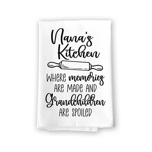Nana's Kitchen Where Memories are Made and Grandchildren are Spoiled, Flour Sack Dish Towels, 27 inch by 27 inch, 100% Cotton Towels, Grandma Towel, Grandma Funny Gifts, Nana Gifts