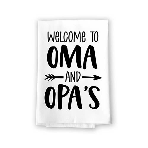 Welcome to Oma and Opa's, Flour Sack Dish Towels, 27 Inch by 27 Inch, 100% Cotton, Multi-Purpose Towels, Gigi Gifts, Grandma Towel, Nana Gifts, Mimi Accessories, Opa Gifts, Oma Gifts