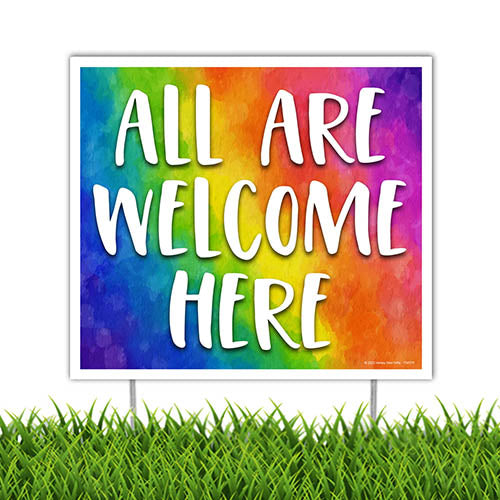 All Are Welcome Here, 9 inch by 8 inch, Mini Yard Signs, Lawn Signs with Stakes, Outdoor Decor Signs, Gay Pride, LGBTQ Accessories, Pride Decorations, 754370