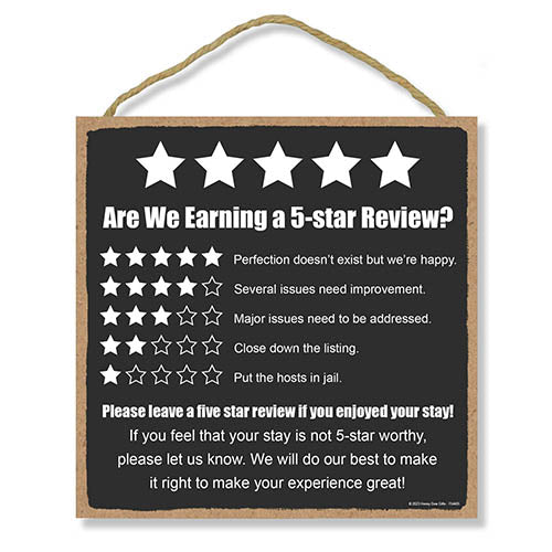 Are We Earning a 5-Star Review?, 10 inch by 10 inch, Wooden Vacation Rental Sign, Vacation Home Decor, Rental Friendly Decor, Business Sign, Rating Sign, 754405