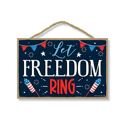 Let Freedom Ring Hanging Wooden Signs, 7 inch by 10.5 inch, Patriotic Wood Sign, Decorative Wall Art, Home Office Party Decor