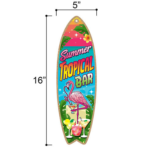 Summer Tropical Bar Wooden Surfboard Signs, 5 inch by 16 inch, Wooden Hanging Sign, Decorative Wall Art, Home Party Summer Decor