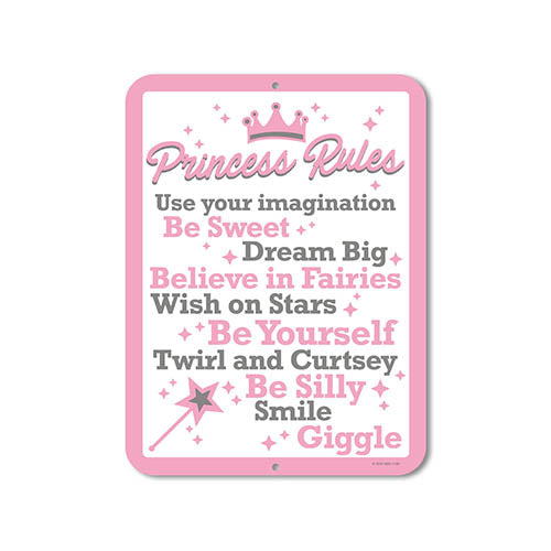 Princess Decor, Princess Rules, 9 inch by 12 inch Novelty Tin Sign Decor, Girls Room Sign, Pink Sign