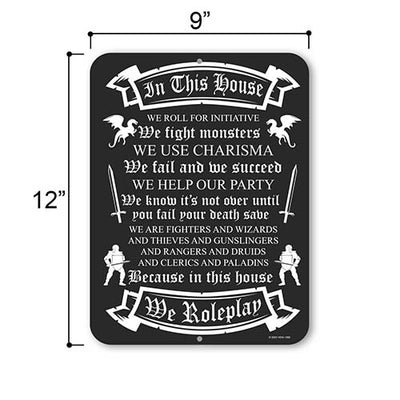 In This House We Roleplay, 9 inch by 12 inch, Metal Sign Post, Funny Room Decor, Game Room Decor, Room Accessories For Men, HDG-1382