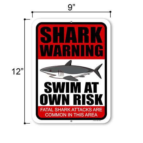 Shark Warning Swim at Own Risk, 9 inch by 12 inch, Wall Decor, Metal Sign Post, Shark Wall Art, Beach Themed Decor, Safety Signs, Warning Signs, Caution Sign