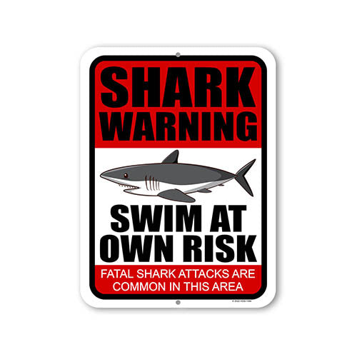 Shark Warning Swim at Own Risk, 9 inch by 12 inch, Wall Decor, Metal Sign Post, Shark Wall Art, Beach Themed Decor, Safety Signs, Warning Signs, Caution Sign