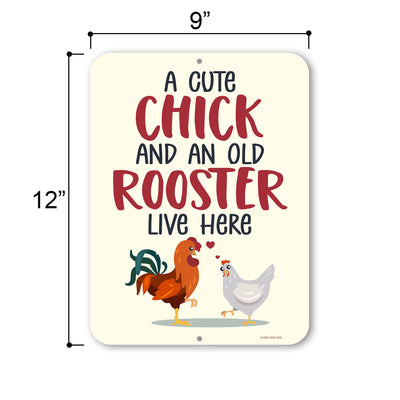 A Cute Chick And An Old Rooster Live Here, 9 inch by 12 inch, Wall Decor, Funny Home Decor, Chicken Decorations for Home, Funny Couples Gifts, Couples Bedroom Decor, HDG-1402