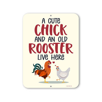 A Cute Chick And An Old Rooster Live Here, 9 inch by 12 inch, Wall Decor, Funny Home Decor, Chicken Decorations for Home, Funny Couples Gifts, Couples Bedroom Decor, HDG-1402