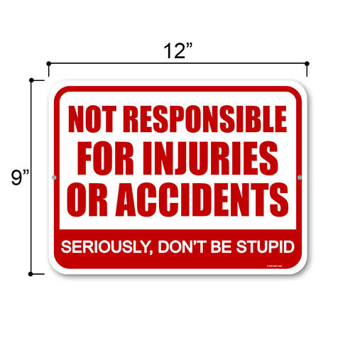 Not Responsible for Accidents or Injuries Seriously, Don't Be Stupid, 9 inch by 12 inch, Metal Sign Post, Funny Home Decor, Funny Signs, Warning Signs for Property