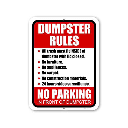 Dumpster Rules No Parking, 9 inch by 12 inch, Metal Sign Post, Yard Signs, Lawn Signs, Warning Signs, No Parking Signs, No Dumping Signs Private Property