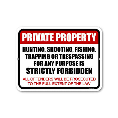 Private Property Hunting, Shooting, Fishing, Trapping or Trespassing for Any Purpose is Strictly Forbidden, 9 inch by 12 inch, Metal Sign Post, No Trespassing Signs