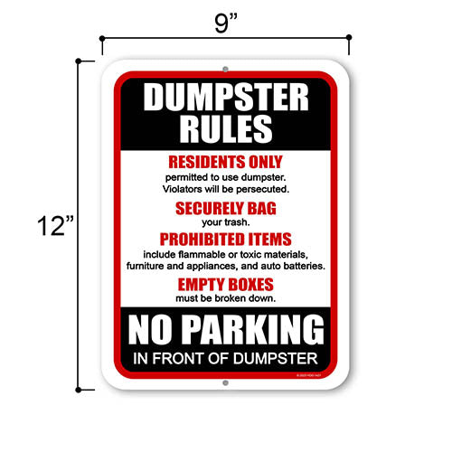 Dumpster Rules No Parking in Front of Dumpster, 9 inch by 12 inch, Lawn Signs, Warning Signs, No Dumping Signs Private Property