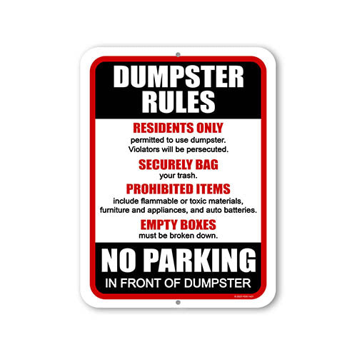 Dumpster Rules No Parking in Front of Dumpster, 9 inch by 12 inch, Lawn Signs, Warning Signs, No Dumping Signs Private Property