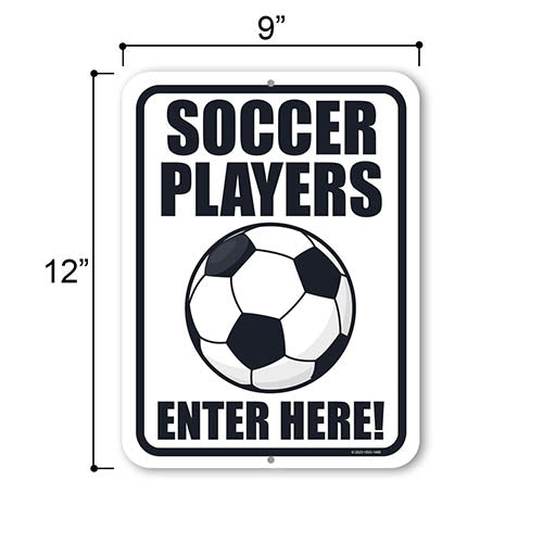 Soccer Players Enter Here, 9 inch by 12 inch, Metal Sign Post, Wall Hanging Sign, Soccer Decor, Door Signs for Home, Soccer Gift, Sports Room Decor for Boys
