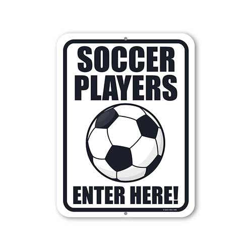 Soccer Players Enter Here, 9 inch by 12 inch, Metal Sign Post, Wall Hanging Sign, Soccer Decor, Door Signs for Home, Soccer Gift, Sports Room Decor for Boys