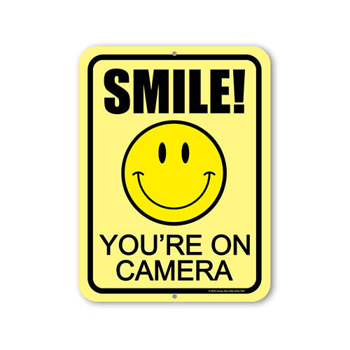Smile! You're On Camera, 9 inch by 12 inch, Warning Signs for Property, Yard Décor, Security Signs, Tin Outdoor Sign, Signage for Commercial Buildings