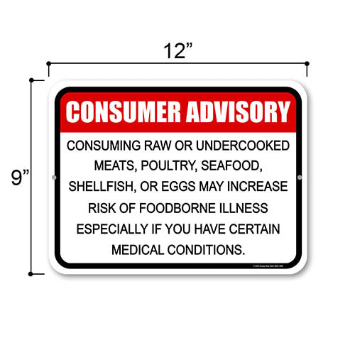 Consumer Advisory Consuming Raw or Undercooked Meat May Increase Risk of Foodborne Illness, 9 inch by 12 inch, Metal Business Warning Signs, Restaurant Signs