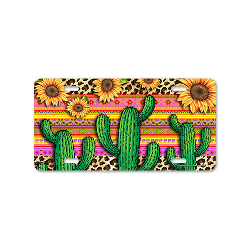 Cactus Sunflower Serape with Leopard Print , 12 inch by 6 inch, Decorative License Plate, Front Tag Plate