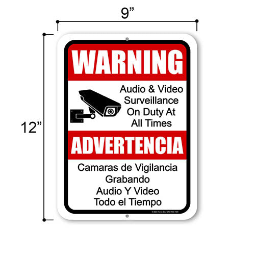 Warning Audio and Video Surveillance on Duty at All Times, 9 inch by 12 inch, English Español Bilingual Signs, Security Sign Spanish, Warning Camera Sign
