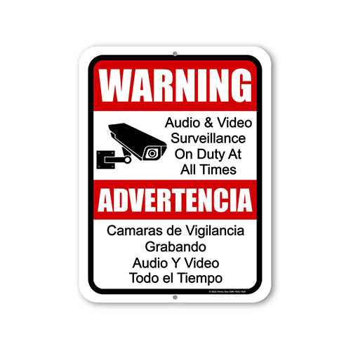 Warning Audio and Video Surveillance on Duty at All Times, 9 inch by 12 inch, English Español Bilingual Signs, Security Sign Spanish, Warning Camera Sign