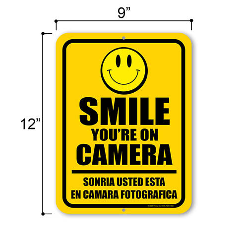 Smile You're On Camera, 9 inch by 12 inch, English Español Bilingual Signs, Security Sign Spanish, Warning Security Camera Sign, Video Surveillance Sign