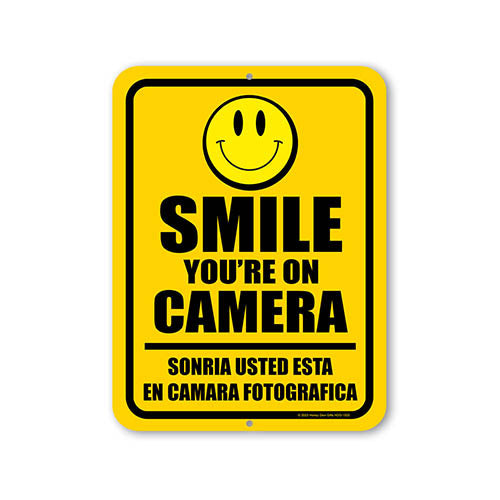 Smile You're On Camera, 9 inch by 12 inch, English Español Bilingual Signs, Security Sign Spanish, Warning Security Camera Sign, Video Surveillance Sign