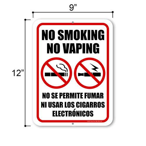 No Smoking No Vaping, 9 inch by 12 inch, No Smoking Signs for Business, English Español Bilingual Signs, Warning Signs, Signage for Commercial Buildings