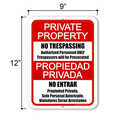 Private Property No Trespassing Propiedad Privada No Entrar, 9 inch by 12 inch, English Spanish Bilingual Signs, Security Sign, Warning Sign for Property