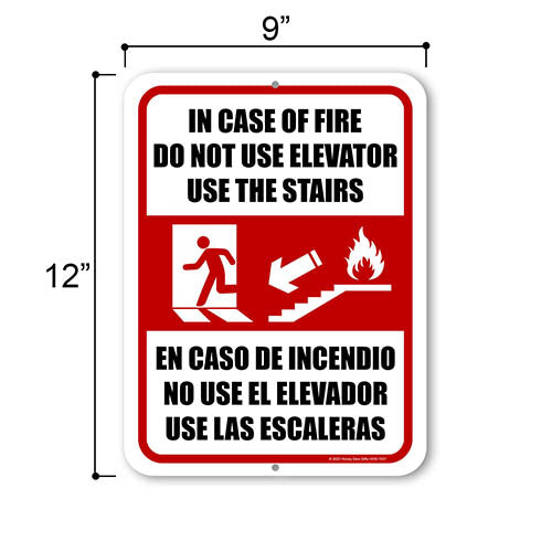 In Case of Fire Do Not Use Elevator Use the Stairs, 9 inch by 12 inch, English Spanish Español Bilingual Signs, Business Warning Signs, Signage for Commercial Buildings