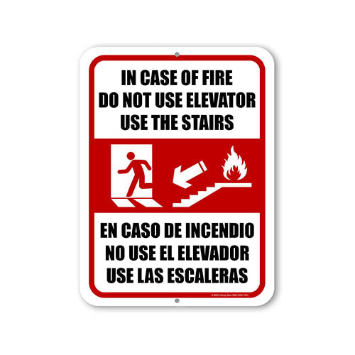 In Case of Fire Do Not Use Elevator Use the Stairs, 9 inch by 12 inch, English Spanish Español Bilingual Signs, Business Warning Signs, Signage for Commercial Buildings