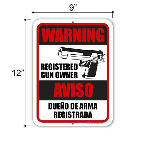 Warning Registered Gun Owner, English Spanish Espanol Bilingual Signs, Security Signs, Warning Signs, No Trespassing Signs Metal, 9 inch by 12 inch