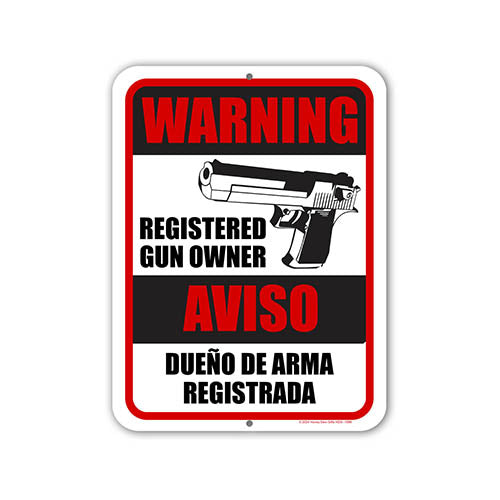 Warning Registered Gun Owner, English Spanish Espanol Bilingual Signs, Security Signs, Warning Signs, No Trespassing Signs Metal, 9 inch by 12 inch