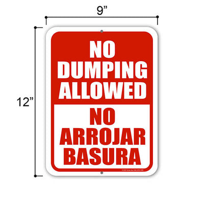 No Dumping Allowed No Arrojar Basura, English Spanish Español Bilingual Signs, Warning Signs, No Dumping Signs, Yard Signs, 9 inch by 12 inch, HDG-1599