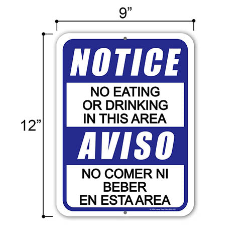 Notice No Eating or Drinking in this Area, English Spanish Español Bilingual Signs, Warning Signs, No Food or Drink Sign, Business & Store Signs, 9 inch by 12 inch, HDG-1601