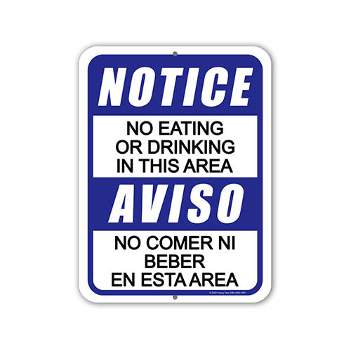 Notice No Eating or Drinking in this Area, English Spanish Español Bilingual Signs, Warning Signs, No Food or Drink Sign, Business & Store Signs, 9 inch by 12 inch, HDG-1601