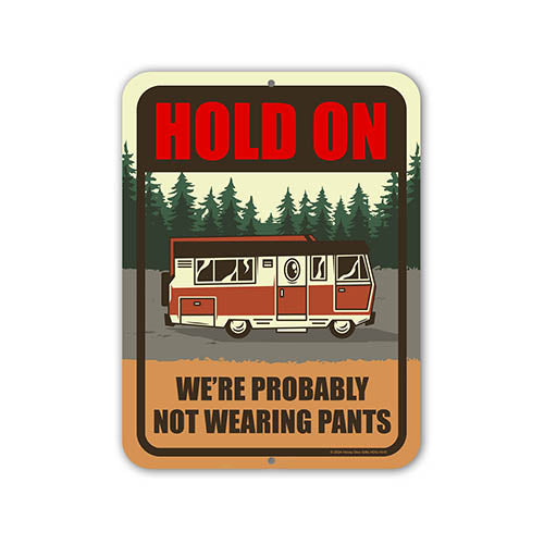Hold on We're Probably Not Wearing Pants, Metal Signs, Funny Camping Signs, Funny Wall Art, Camping Themed Gifts, Camper RV Decor, 9 inch by 12 inch