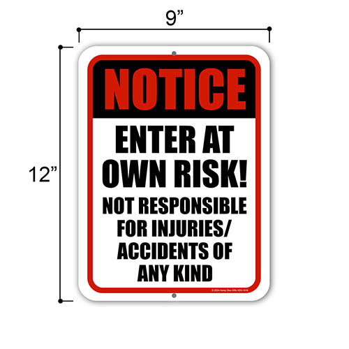 Notice Enter at Your Own Risk, Metal No Trespassing Signs, Warning Sign, Metal Yard Decor, Security Signs, Tin Aluminum Outdoor Sign, 9 inch by 12 inch