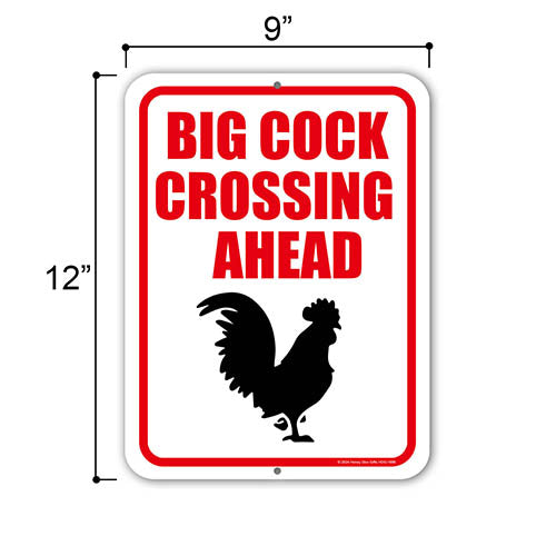 Big Cock Crossing Ahead, 9 inch by 12 inch, Metal Sign Post, Yard Decor, Funny Inappropriate Signs, Chicken Gifts, Chicken Yard Art, HDG-1698