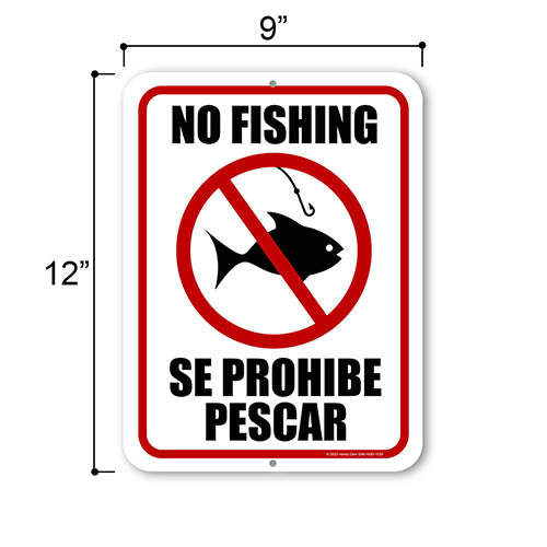 No Fishing Se Prohibe Pescar, 9 inch by 12 inch, Metal Sign Post, English Spanish Bilingual Signs, Private Property Sign, Warning Signs for Property