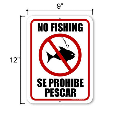 No Fishing Se Prohibe Pescar, 9 inch by 12 inch, Metal Sign Post, English Spanish Bilingual Signs, Private Property Sign, Warning Signs for Property
