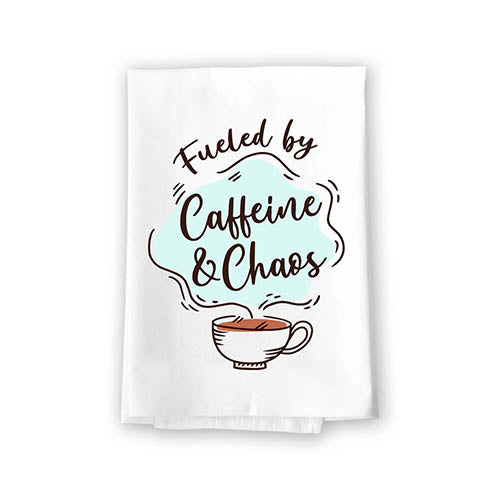 Fueled by Caffeine and Chaos Flour Sack Towel, 27 inch by 27 inch, 100% Cotton, Highly Absorbent Hand Towels, Multi-Purpose Towel, Funny Kitchen Towels