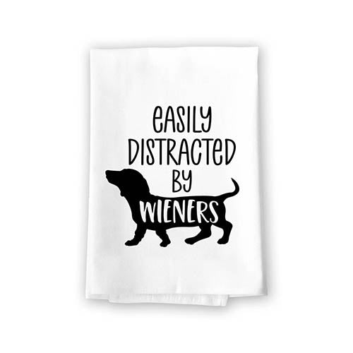 Easily Distracted by Wiener, 27 Inches by 27 Inches, Funny Dog Kitchen Towels, Wiener Dog mom Gifts, Funny Dog Kitchen Towels, Dachshund Mom, Doxie, Hot Dog Sausage, Badger Dog Theme