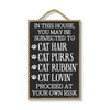 In This House Subjected to Cat Hair, Cat Purrs and Cat Lovin, 7 inch by 10.5 inch, Hanging Wall Art, Decorative Wooden Cat Sign, Housewarming Gifts, Home Decor, Funny Wooden Signs