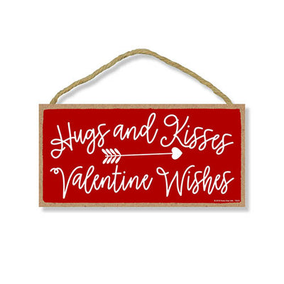 Hugs and Kisses Valentine Wishes 5 inch by 10 inch Hanging Wall Art, Decorative Wood Sign, Valentine's Day Decorations