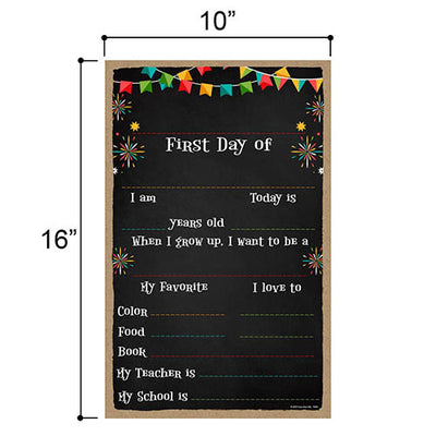 First Day of School Sign with Banners and Fireworks Design, 10 inch by 16 inch Reusable Chalkboard Decorative Hanging Wooden Sign