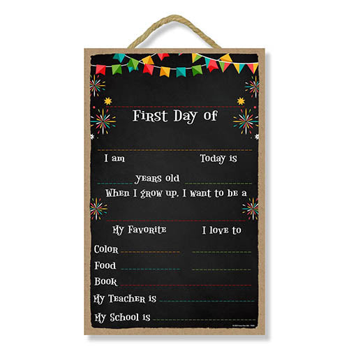 First Day of School Sign with Banners and Fireworks Design, 10 inch by 16 inch Reusable Chalkboard Decorative Hanging Wooden Sign